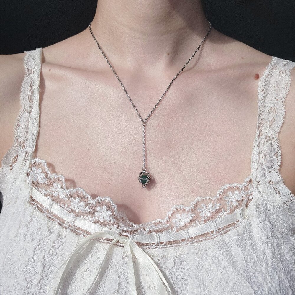 Green aventurine pearl drop on a antique style silver rosary necklace